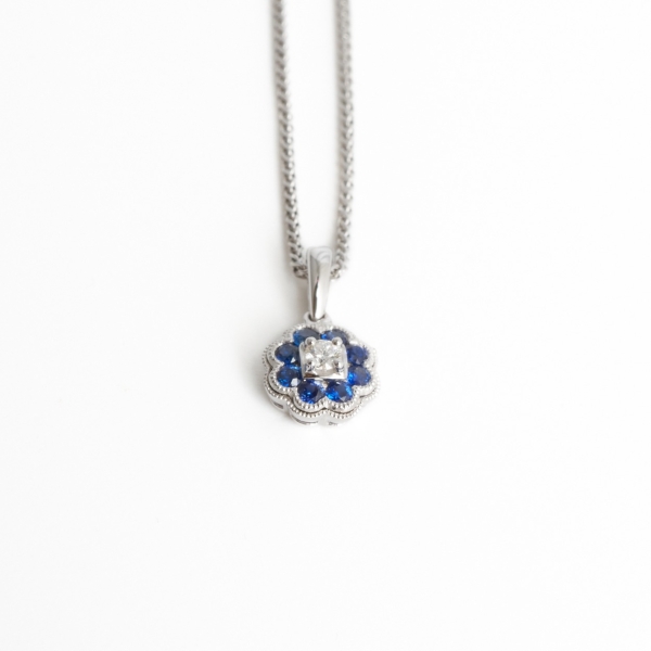 18ct White Gold Sapphire & Diamond Cluster Pendant