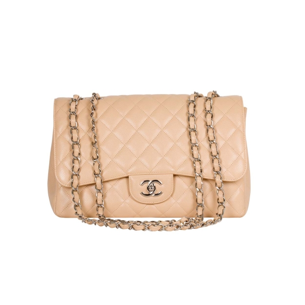 Pre Owned Chanel Beige Caviar Single Flap Bag