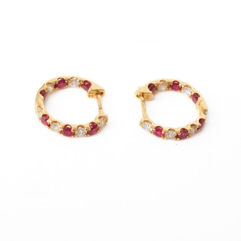 18ct Yellow Gold Ruby & Diamond Hoop Earrings - FJ Zelley