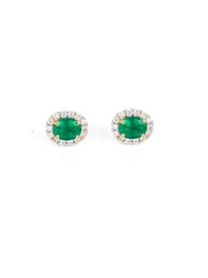 18ct White Gold Oval Emerald & Diamond Earrings