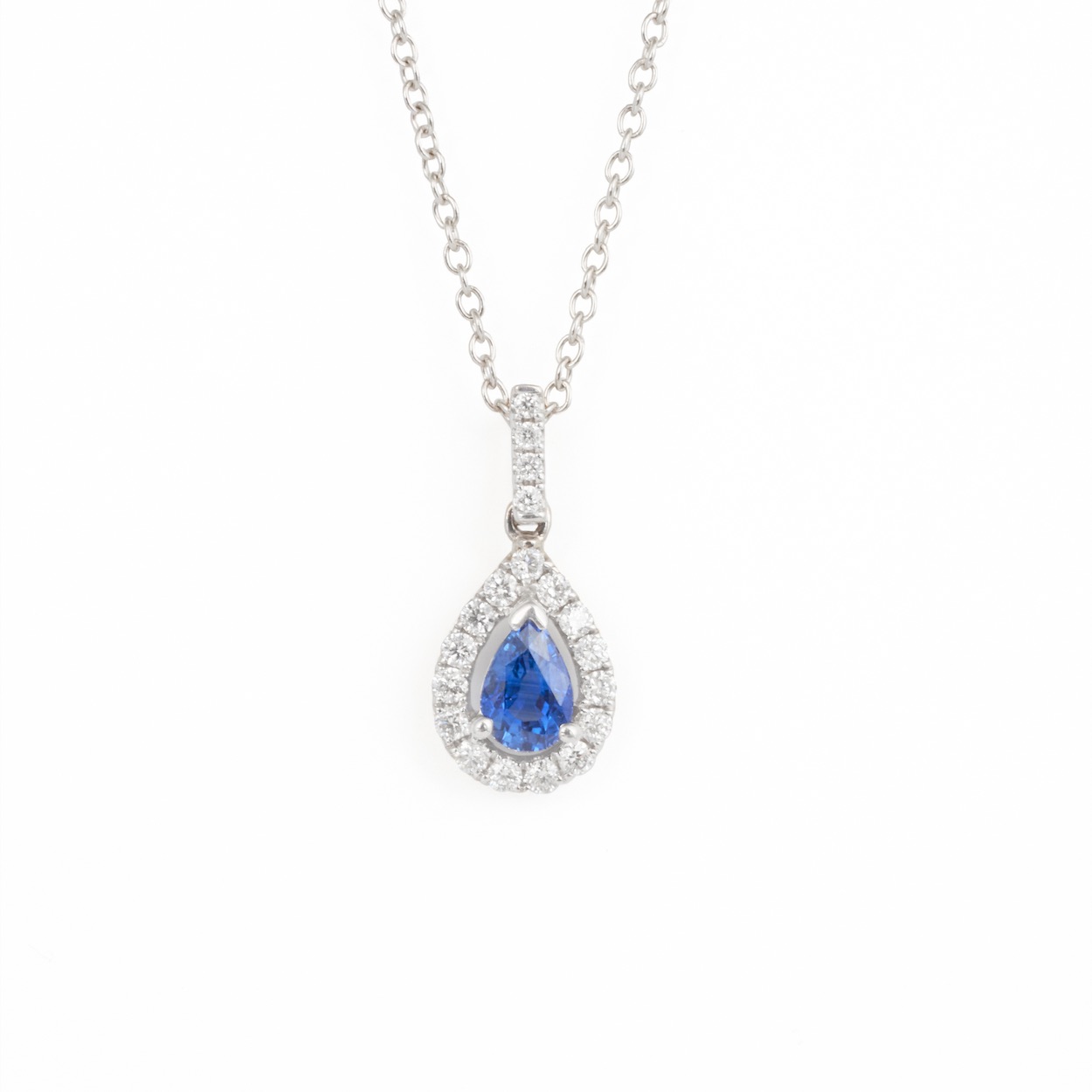 18ct White Gold Pear Sapphire & Diamond Pendant - FJ Zelley
