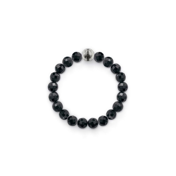 T Sabo faceted Obsidian bct L blk zirc line pattern bead