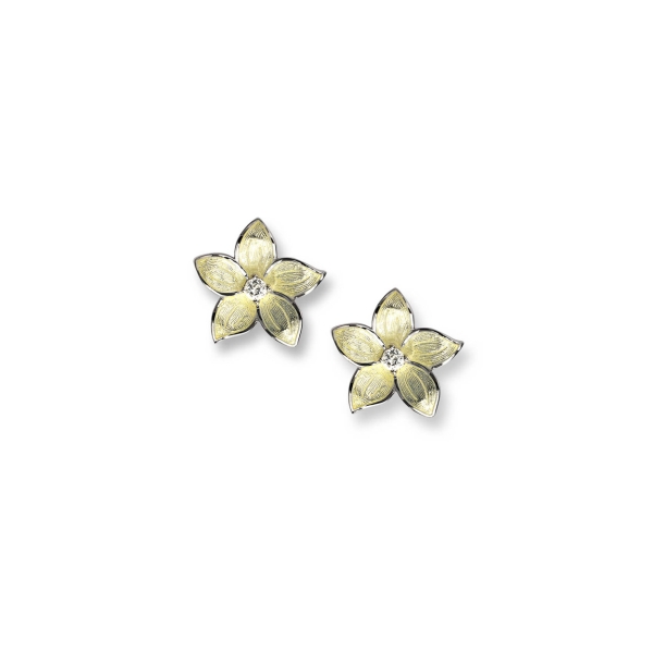 Nicole Barr - Sterling Silver Yellow Stephanotis Floral Stud Earrings with White Topaz