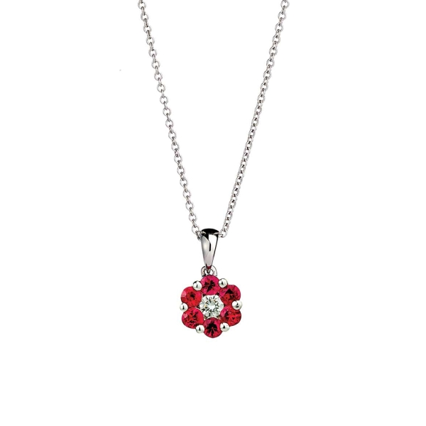 18ct White Gold Ruby & Diamond Flower Cluster Pendant