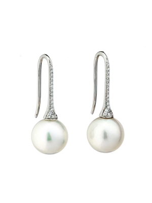 18ct White Gold Fresh Water Pearl and Diamond Hookwire Drop Earrings