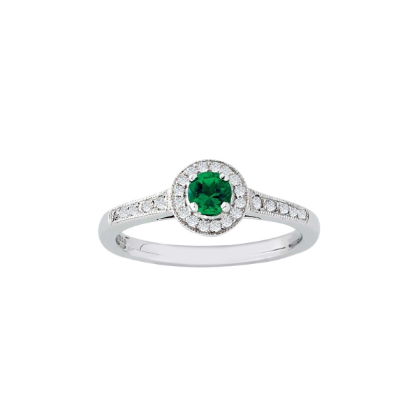 Platinum Round Emerald and Diamond Cluster Ring