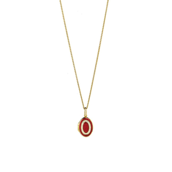 18ct Yellow Gold Red Enamel and Diamond Oval Locket
