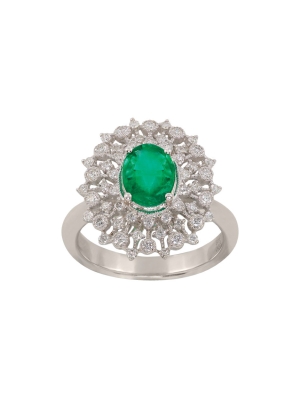 Pre Owned 18ct White Gold Emerald & Diamond Cluster Ring