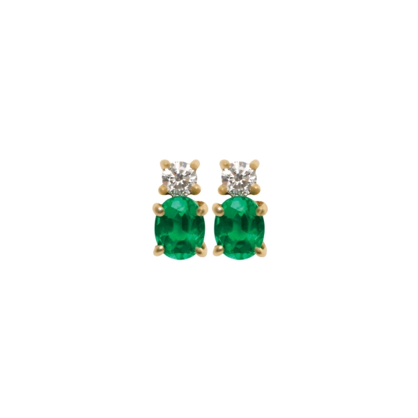 18ct Yellow Gold Two Stone Emerald & Diamond Stud Earrings