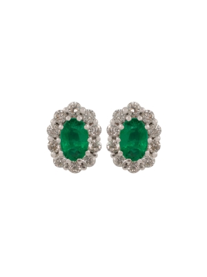 18ct White Gold Oval Emerald & Diamond Cluster Stud Earrings