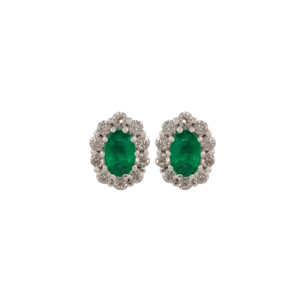 18ct White Gold Oval Emerald & Diamond Cluster Stud Earrings