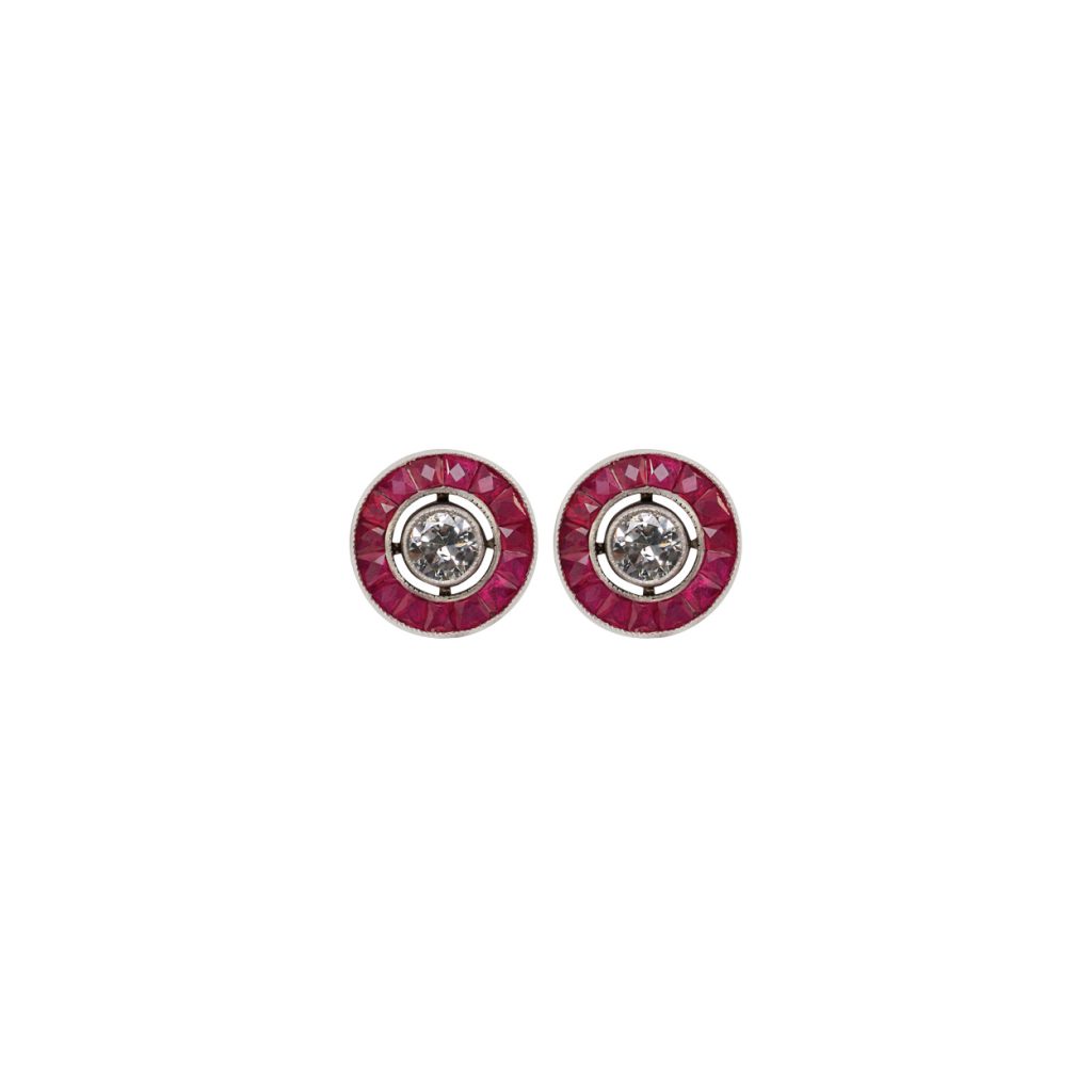 Pre Owned 18ct White Gold Round Ruby & Diamond Stud Earrings