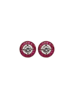 Pre Owned 18ct White Gold Round Ruby & Diamond Stud Earrings
