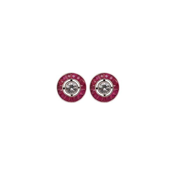 Pre Owned 18ct White Gold Round Ruby & Diamond Stud Earrings