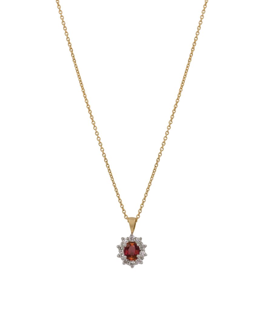 18ct Yellow Gold Oval ruby & Diamond Cluster Pendant