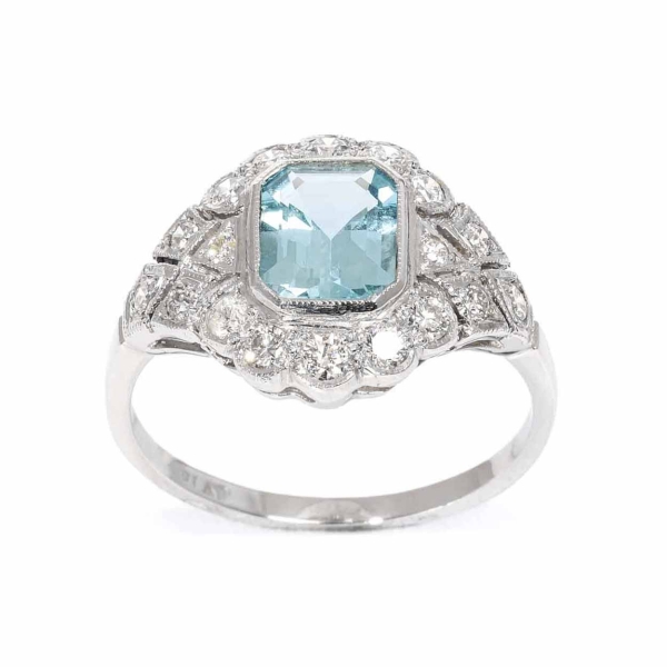 Platinum Aqua & Diamond Art Deco Dress Ring