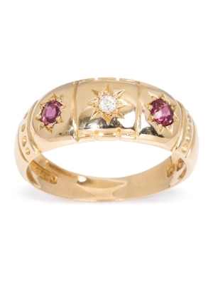 18ct Yellow Gold Ruby & Diamond Gypsy Style Ring