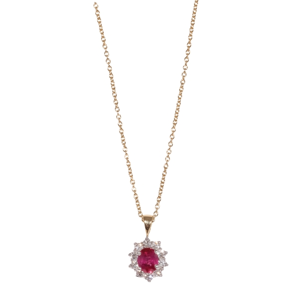 18ct Yellow Gold Oval ruby & Diamond Cluster Pendant