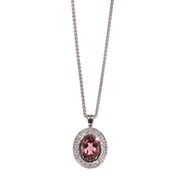 18ct White Gold Oval Tourmaline & Diamond Cluster Pendant