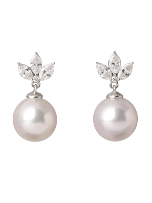 18ct White Gold Pearl & Marquise Diamond Drop Earrings
