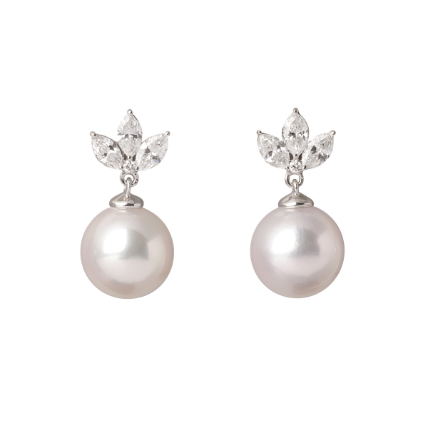 18ct White Gold Pearl & Marquise Diamond Drop Earrings