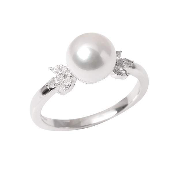 18ct White Gold Akoya Pearl & Marquise Diamond Dress Ring