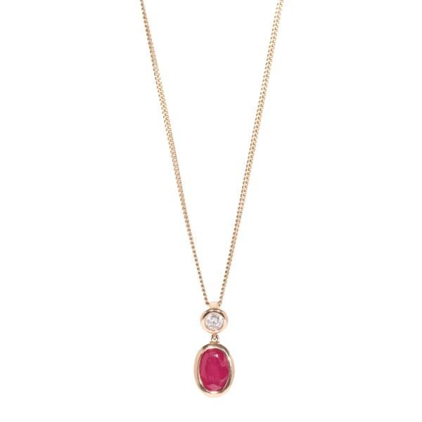 9ct Yellow Gold Rub Over Set Oval Ruby & Diamond Pendant