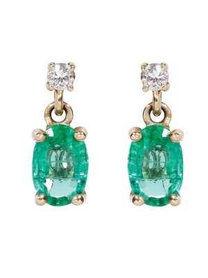 18ct Yellow Gold Oval Emerald & Diamond Drop Earrings