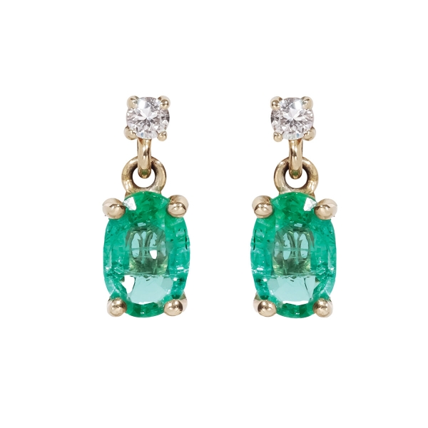 18ct Yellow Gold Oval Emerald & Diamond Drop Earrings