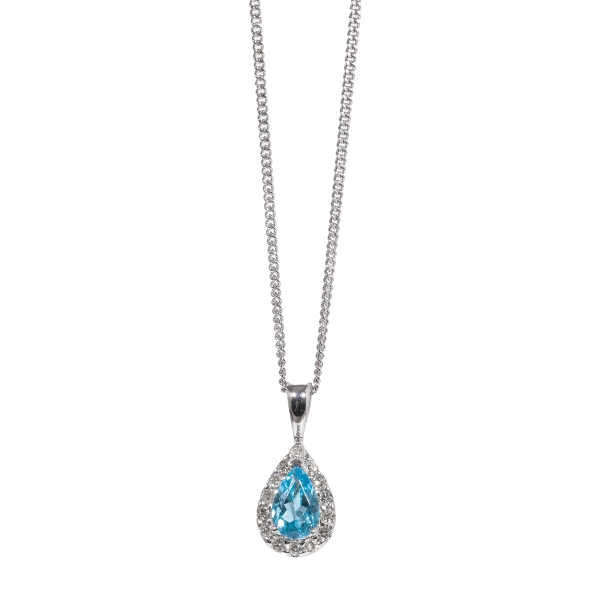 9ct White Gold Blue Topaz & Diamond Pendant