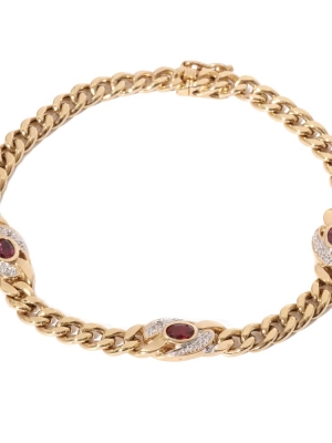 Pre Owned 18ct Gold Ruby & Diamond Curb Bracelet