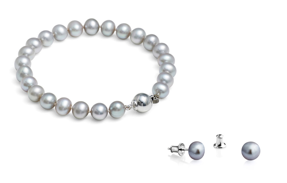 Jersey Pearl 7-7.5mm Classic Grey Pearl Bracelet and Studs