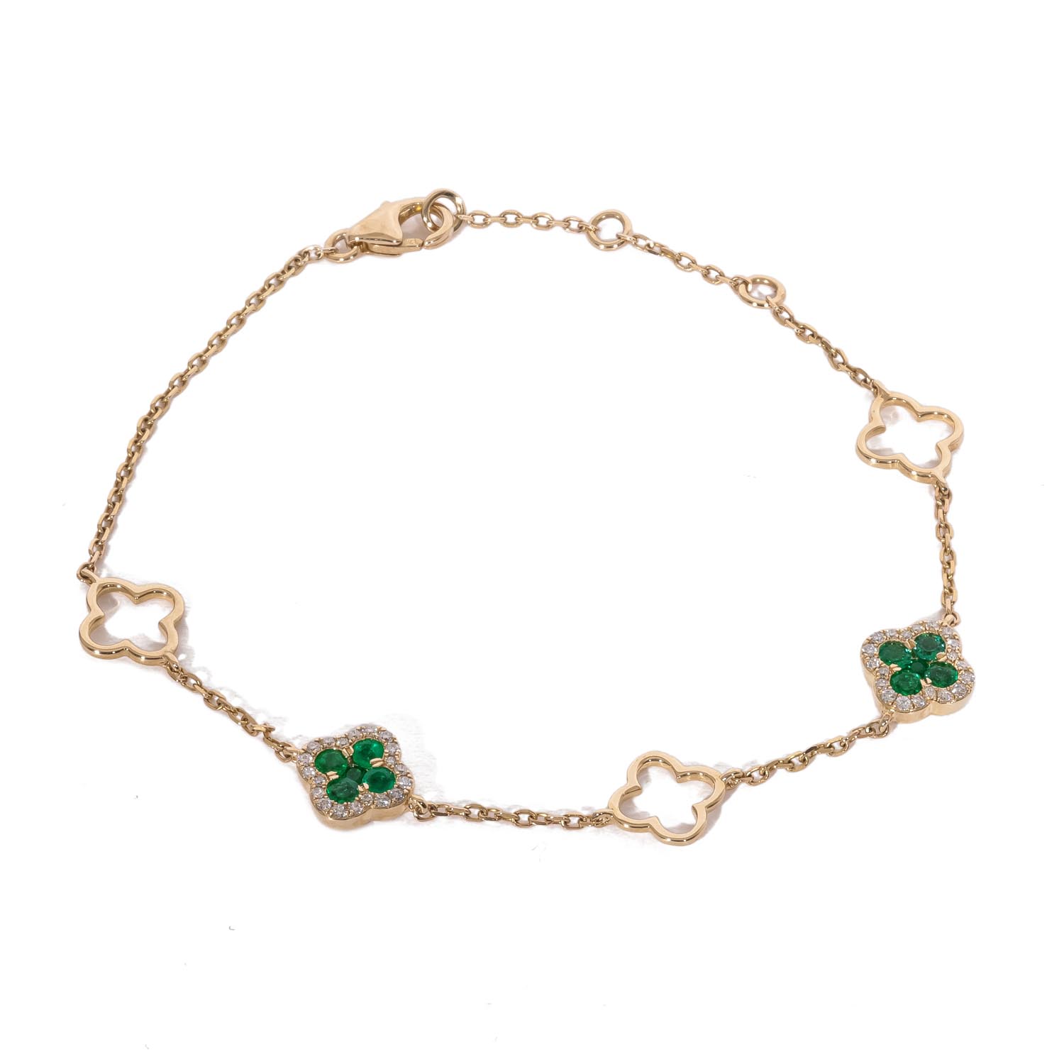 9ct Yellow Gold Emerald & Diamond Clover Design Bracelet