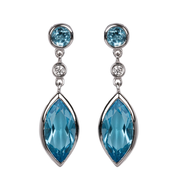 9ct White Gold Blue Topaz & Diamond Drop Earrings