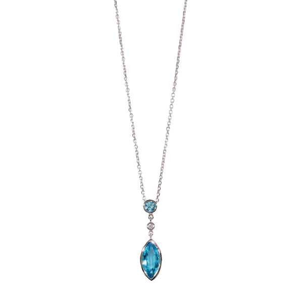 9ct White Gold Blue Topaz & Diamond Drop Pendant