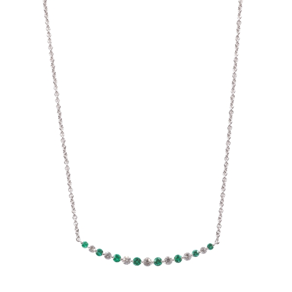 18ct White Gold Curved Emerald & Diamond Line Pendant