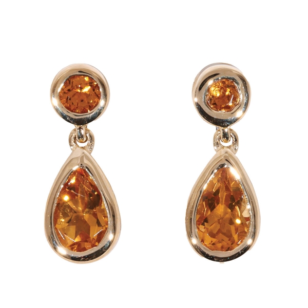 9ct Yellow Gold Citrine Rubover Drop Earrings