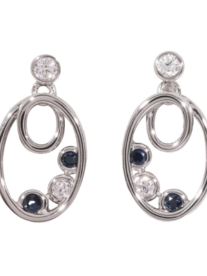 Silver Sapphire & CZ Set Oval Bubble Drop Earrings