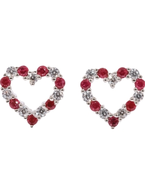 Silver Ruby & CZ Set Open Heart Stud Earrings