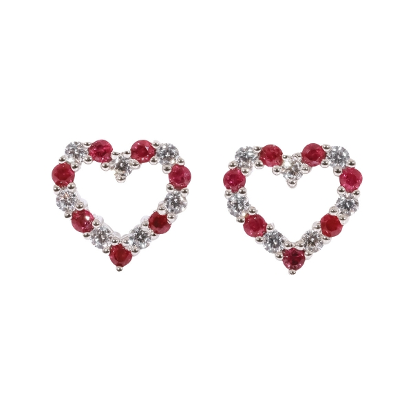 Silver Ruby & CZ Set Open Heart Stud Earrings