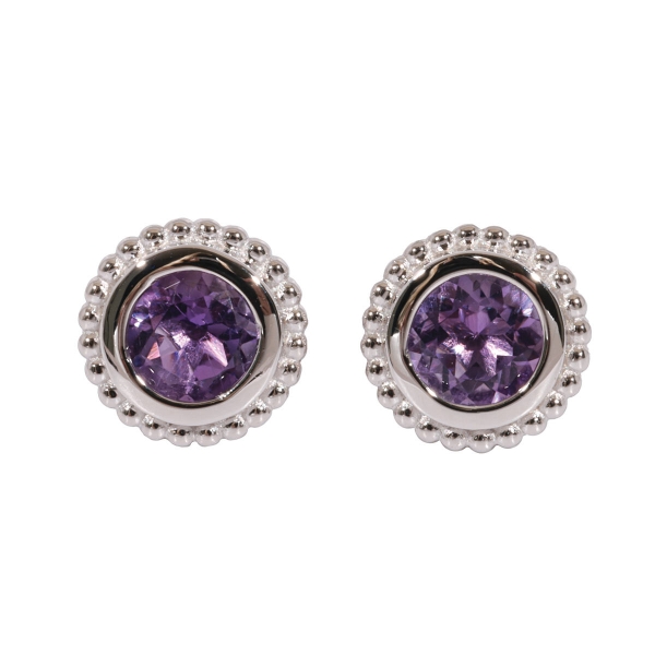 Silver Amethyst Bobble Design Round Stud Earrings