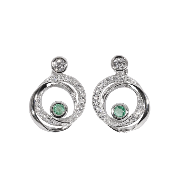 Silver Emerald & CZ Set Double Circle Stud Earrings