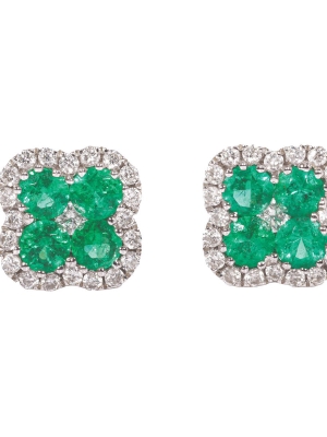 18ct White Gold Emerald & Diamond Cluster Earrings