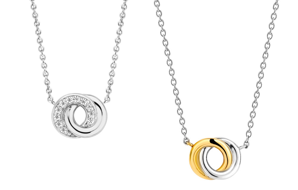 Christmas Gift Idea Zelley Jewellery Ti Sento Milano Silver Double Circle White Stone Set Pendant and Silver and Yellow Interlinked Circles Pendant