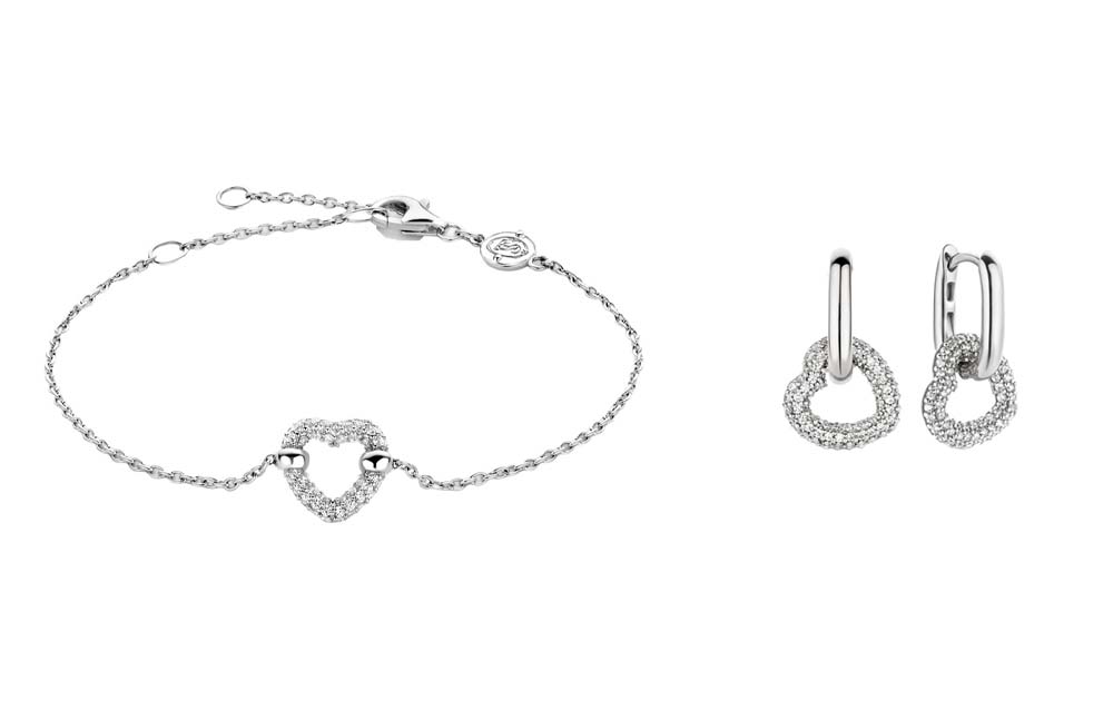 Silver Ti Sento Pave CZ Set Open Heart Drop Earrings and Bracelet