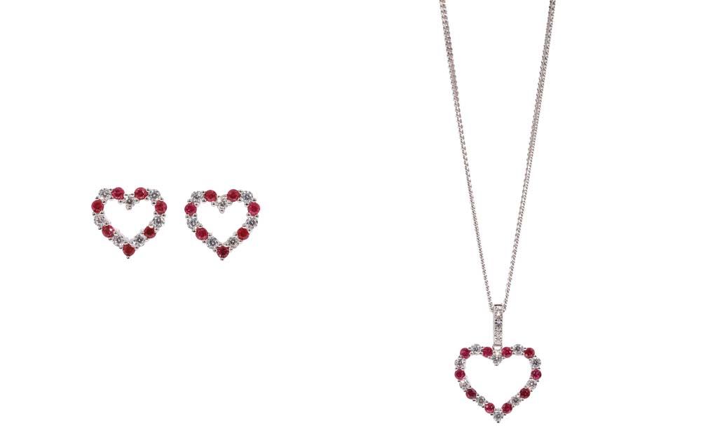 Silver Ruby & CZ Set Open Heart Stud Pendant and Earrings