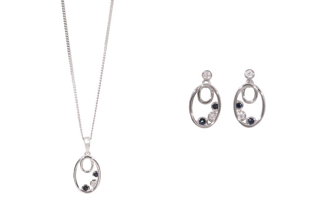 Silver Sapphire & CZ Set Oval Bubble Drop Earrings and Pendant