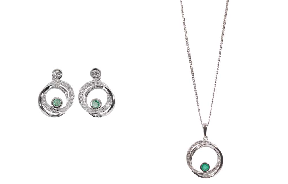 Silver Emerald & CZ Set Double Circle Stud Earrings and Pendant