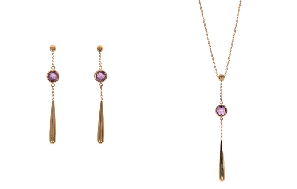 9ct Yellow Gold Amethyst Drop Pendant and Earrings