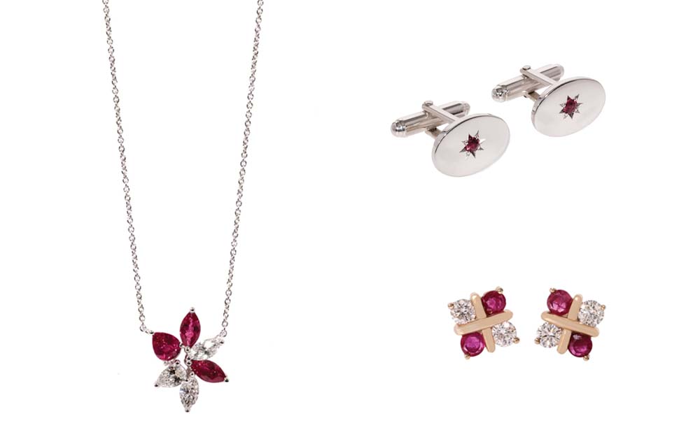 Gold Ruby Diamond Earrings and Pendant and Siliver Ruby Cufflinks